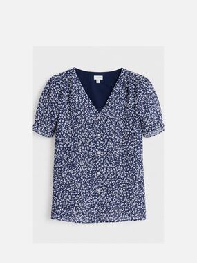 J. Crew Factory Navy and White Floral V-Neck Button Front Blouse